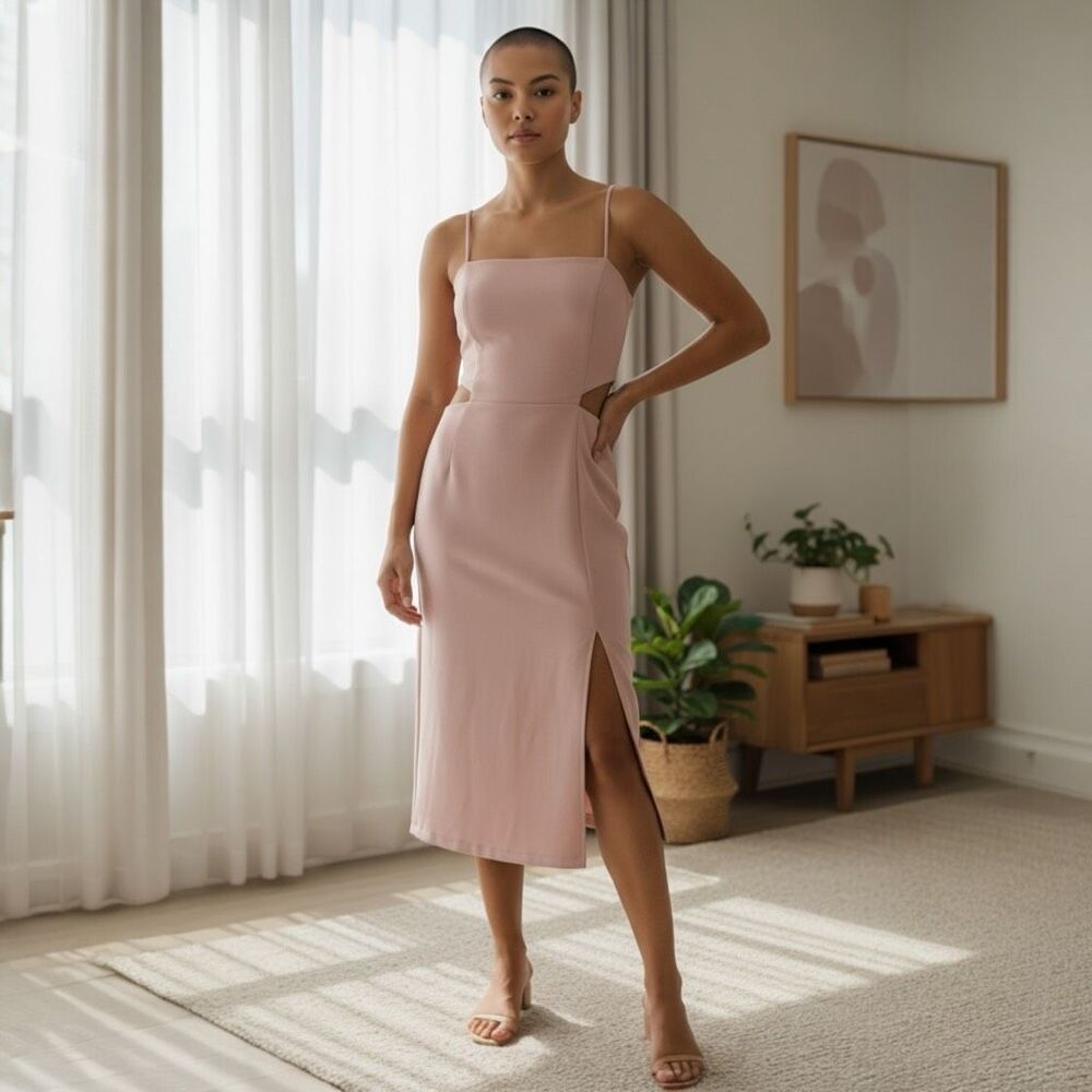 Elliatt‎ Apollo Cut Out Sides Spaghetti Strap Slit Blush MIDI Dress
